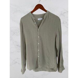 VENROY Linen Blend Button-up henley shirt tunic long sleeve pale sage  Size Med
